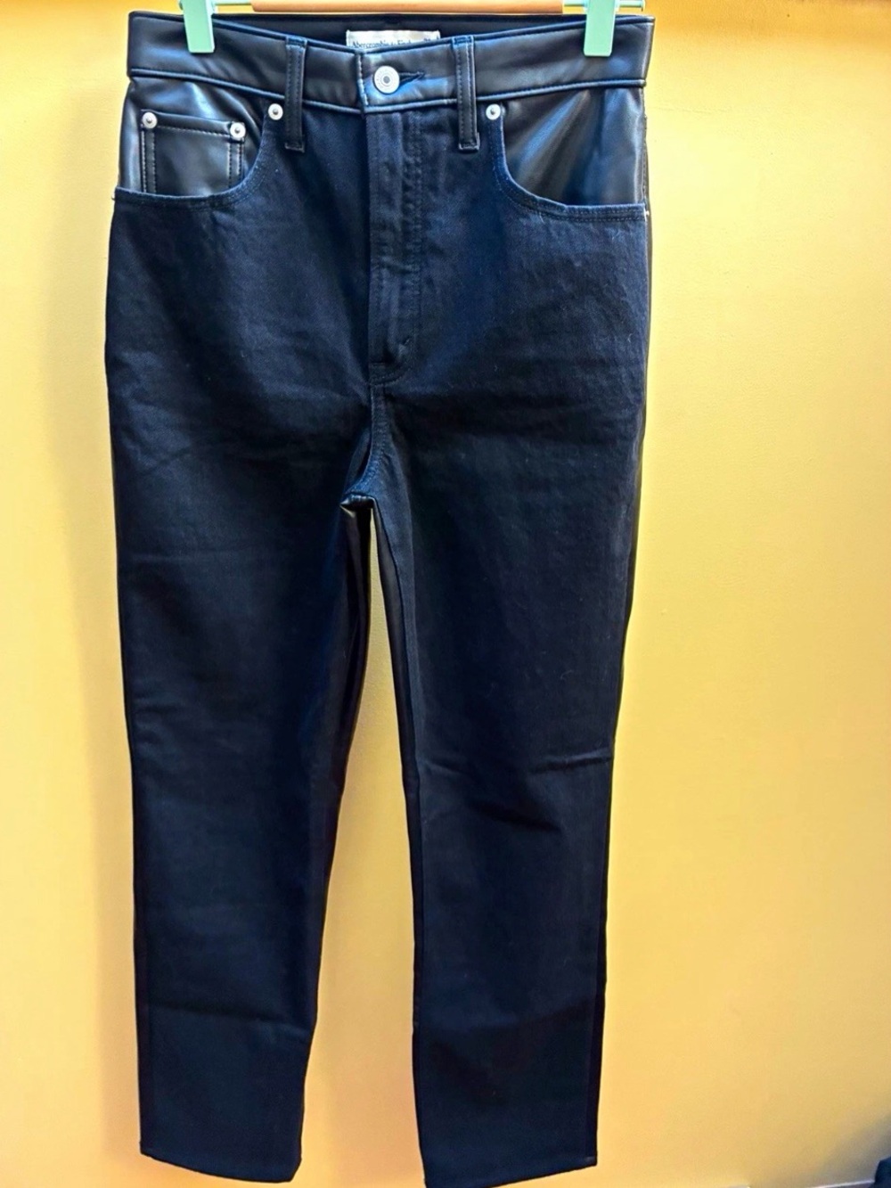 Abercrombie & Fitch Black High-Rise Straight Jeans with Faux Leather Back